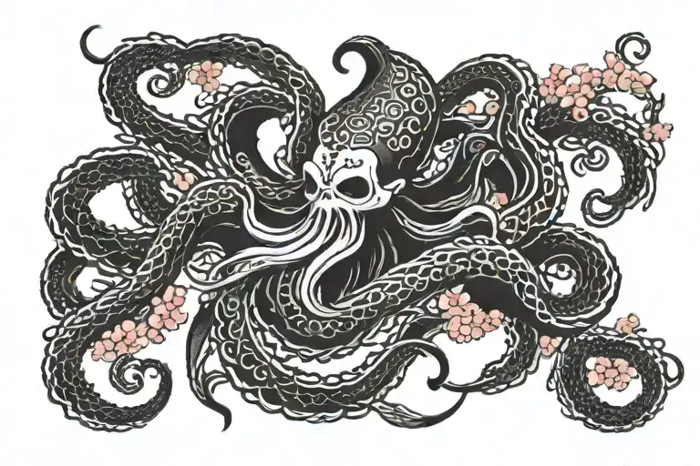 kraken holding trident Sakura background symbolizing tattoo design idea