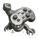 A video game controller made out of minerals with a bearded dragon perched on top tattoo design idea