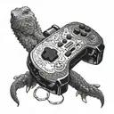 A video game controller made out of minerals with a bearded dragon perched on top tattoo design idea
