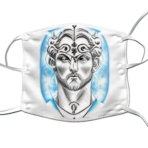 Greek god atlas with happy and sad face mask on with lighting striking around him tattoo design idea