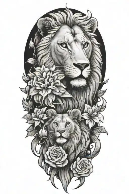 lione with cubs and floral  tattoo design idea