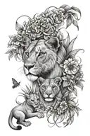 lioness with cubs and floral design tattoo design idea
