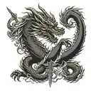 - Vertical sword as the main object - A long Chinese dragon that wraps around a sword and holds onto it with its paws -  tattoo design idea