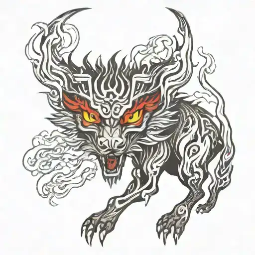 Wolf Demon with fire flames red and black lettering tattoo design idea