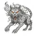 Wolf Demon with fire flames red and black lettering tattoo design idea