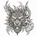Wolf Demon with fire flames red and black lettering tattoo design idea