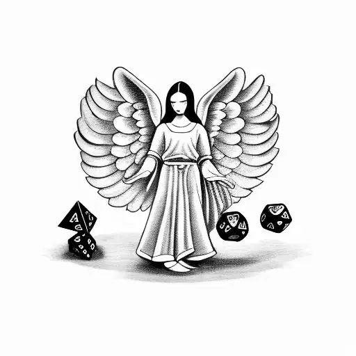 A blackwork tattoo of an angel holding a pair of dice, symbolizing luck and protection in trapping tattoo design idea