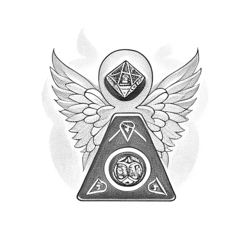 A blackwork tattoo of an angel holding a pair of dice, symbolizing luck and protection in trapping tattoo design idea