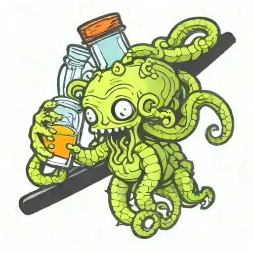 Cute cthulu holding tentacles around brains which are inside glass bottle tattoo design idea