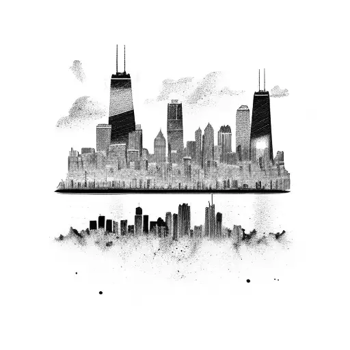 Chicago skyline background with clouds and car tattoo design idea