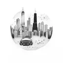 Chicago skyline background with clouds and car tattoo design idea