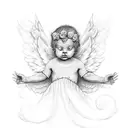 Dotwork outline of a baby cherub angel with cloud filling tattoo design idea