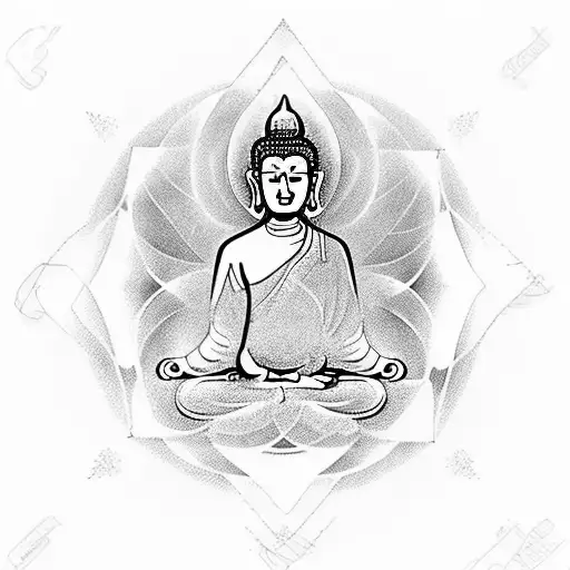 buddha meditating under night sky with sacred geometry tattoo design idea