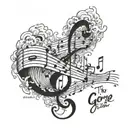 A tattoo of the musical notes from the chorus of the song George Ezra - Hold My Girl morphing into a crashing wave tattoo design idea