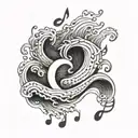 A tattoo of the musical notes from the chorus of the song George Ezra - Hold My Girl morphing into a crashing wave tattoo design idea