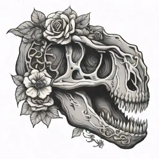 t-rex skull with flowers tattoo design idea