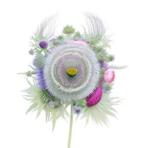 A behind the ear half-wreath of Scottish thistle, sweetgrass, and chrysanthemum, style of a botanical illustration  tattoo design idea