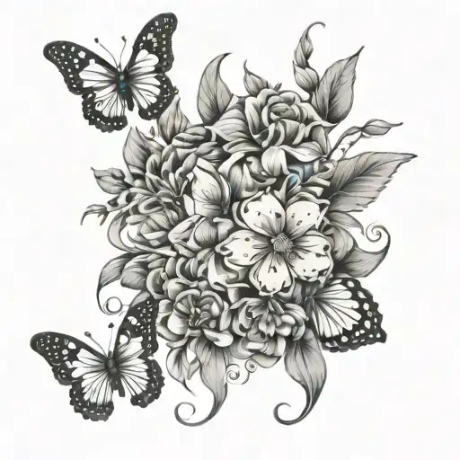 flowers with butterflies tattoo design idea