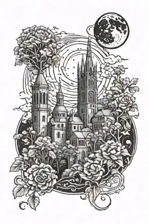 moon and pions and gothic towers and trees, heraldic patterns, engraving tattoo tattoo design idea