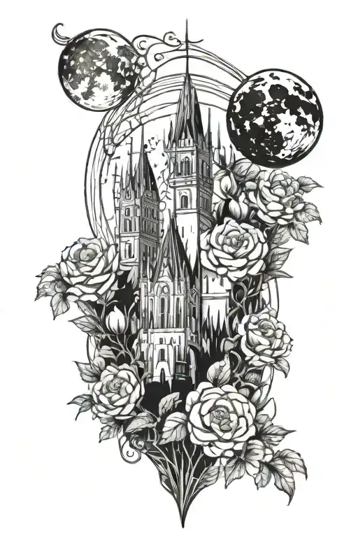 moon and pions and gothic towers and trees, heraldic patterns, engraving tattoo tattoo design idea