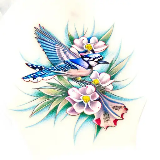 blue jay with lily of valley and poppy flowers tattoo design idea