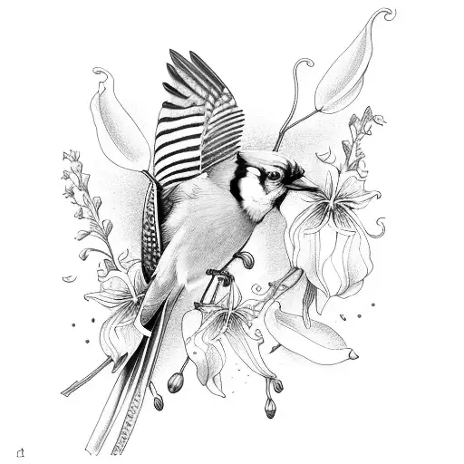 blue jay with lily of valley and poppy flowers tattoo design idea