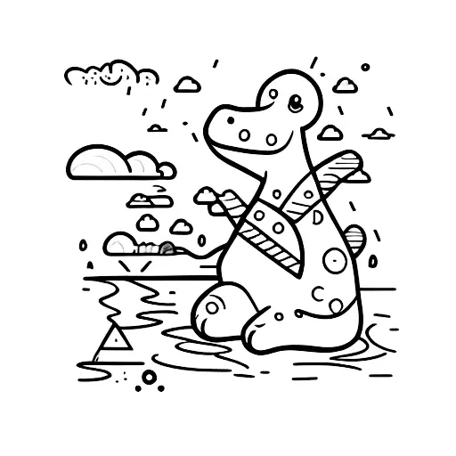 small cute fineline cartoon baby brontosaurus dinosaur dressed tattoo design idea