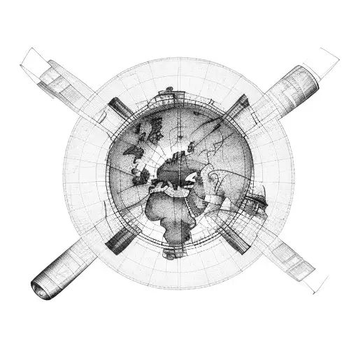 A mechanic aircraft soaring through a world map tattoo design idea