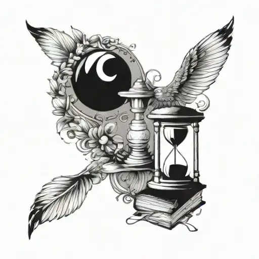 hourglass, typewriter, books with sun and moon tattoo design idea