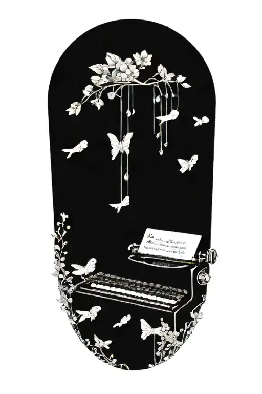 a typewriter with whimsical background of guppies and music notes. "and maybe it was more than coincidence " tattoo design idea