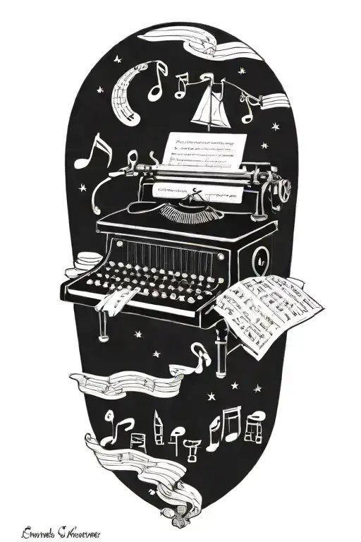 a whimsical typewriter with letters and music notes floating. including quote "and maybe it was more than coincidence " tattoo design idea