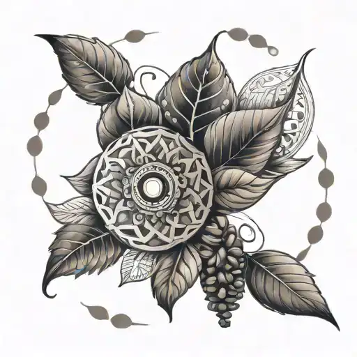 An intricate mandala design incorporating coffee beans and leaves, symbolizing balance and harmony between teaching and nature tattoo design idea