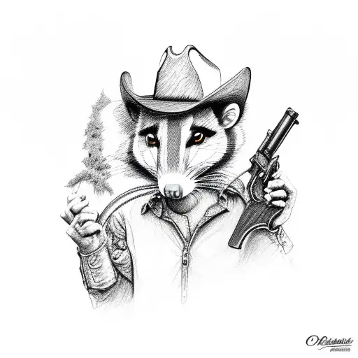 cowboy opossum drawing his revolver  tattoo design idea