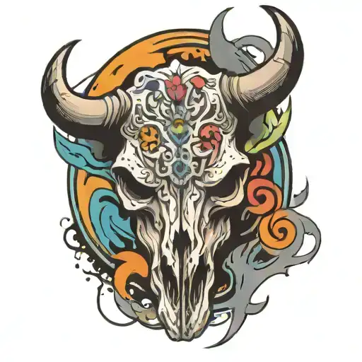 A tattoo concept with a longhorn skull half of it realistic black and grey and half of it colorful graffiti pop art in s tattoo design idea