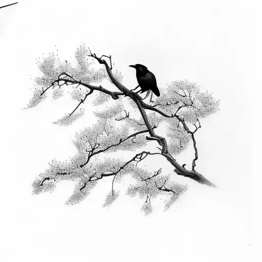 A crow perched on a branch with sakura blossoms falling around it, representing the beauty of life and the transient nature of happiness tattoo design idea