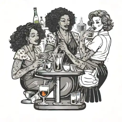 A group of diverse and stylish female bartenders mixing drinks and having fun behind the bar, capturing the essence of camaraderie and teamwork tattoo design idea