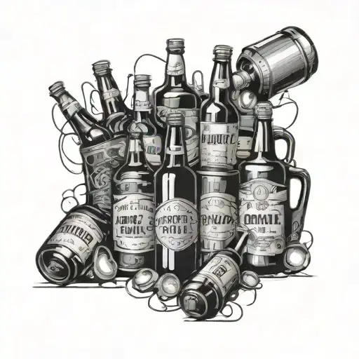 A surreal composition featuring a mix of alcohol bottles and kegs arranged in a visually striking way tattoo design idea