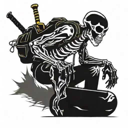 skeleton freeskiing with mohawk and pit vipers including a backpack with flags attached to his back tattoo design idea