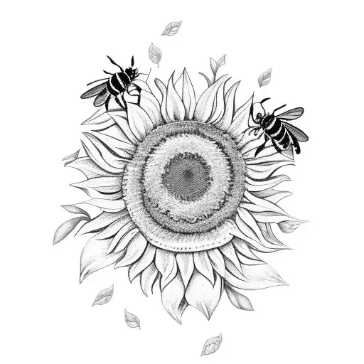 floral bouquet with a sunflower, random flowers, filler leaves, butterfly and a bee tattoo design idea