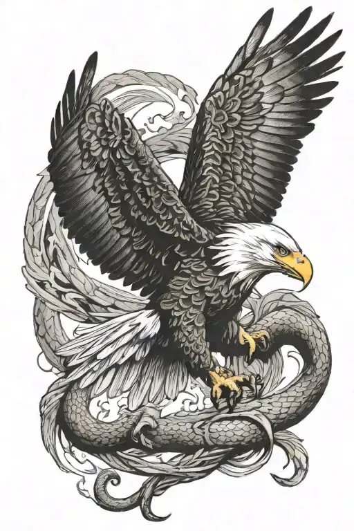 bald eagle with wings spread wide fighting a snake  tattoo design idea
