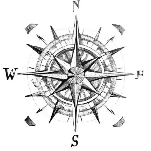 A celestial compass rose with car parts as the cardinal directions, set against a starry night sky tattoo design idea