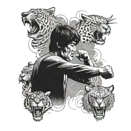 A dotwork tattoo of Bruce Lee's silhouette surrounded by roaring tigers, capturing the essence of strength and power tattoo design idea