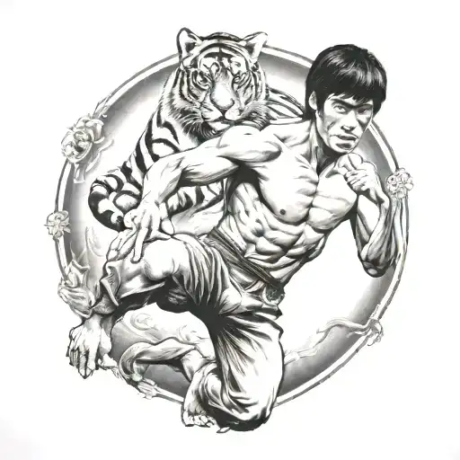 A detailed black and grey tattoo of Bruce Lee's famous karate pose with a tiger in the background tattoo design idea