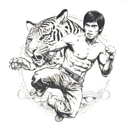 A detailed black and grey tattoo of Bruce Lee's famous karate pose with a tiger in the background tattoo design idea