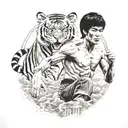 A detailed black and grey tattoo of Bruce Lee's famous karate pose with a tiger in the background tattoo design idea
