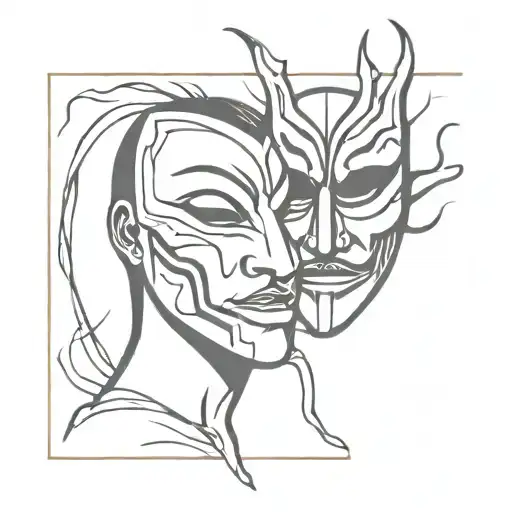 comedy mask split in half with the tragedy mask behind tattoo design idea