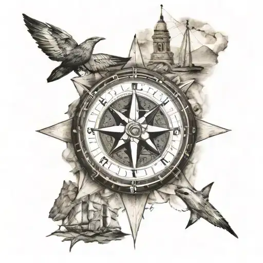 A realistic depiction of Jamie's favorite travel destination, with iconic landmarks and a compass rose tattoo design idea
