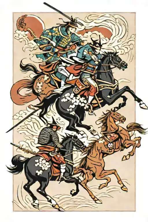 samurai vs multiple samurai on horses breaking free tattoo design idea