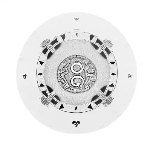 A poker chip with the word 'Karma' surrounded by Greek patterns tattoo design idea