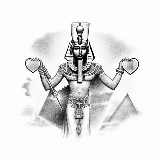 A black-grey tattoo of a majestic Egyptian goddess holding a Hebrew inscription of 'love' in her hands, representing the strong bond between you and your husband. tattoo design idea